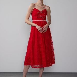 Rhinestone Bow Red Lace Midi Dress
